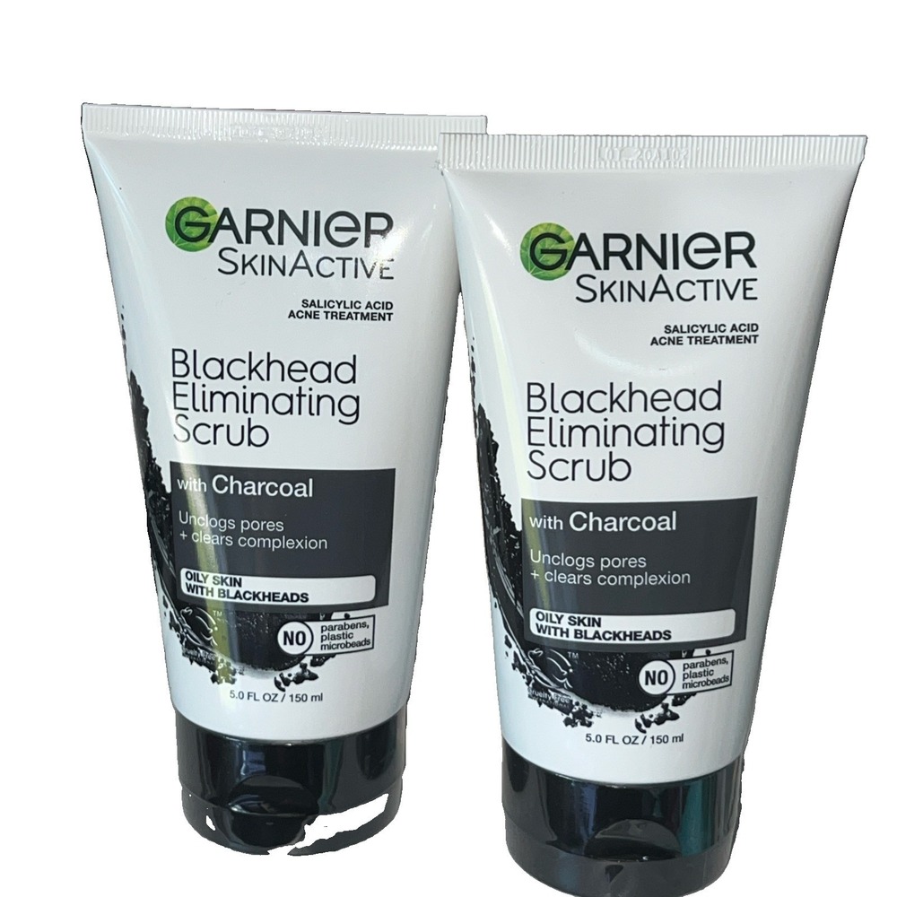 Lot Of 2 Garnier SkinActive Blackhead Eliminating Scrub With Charcoal 5oz Each